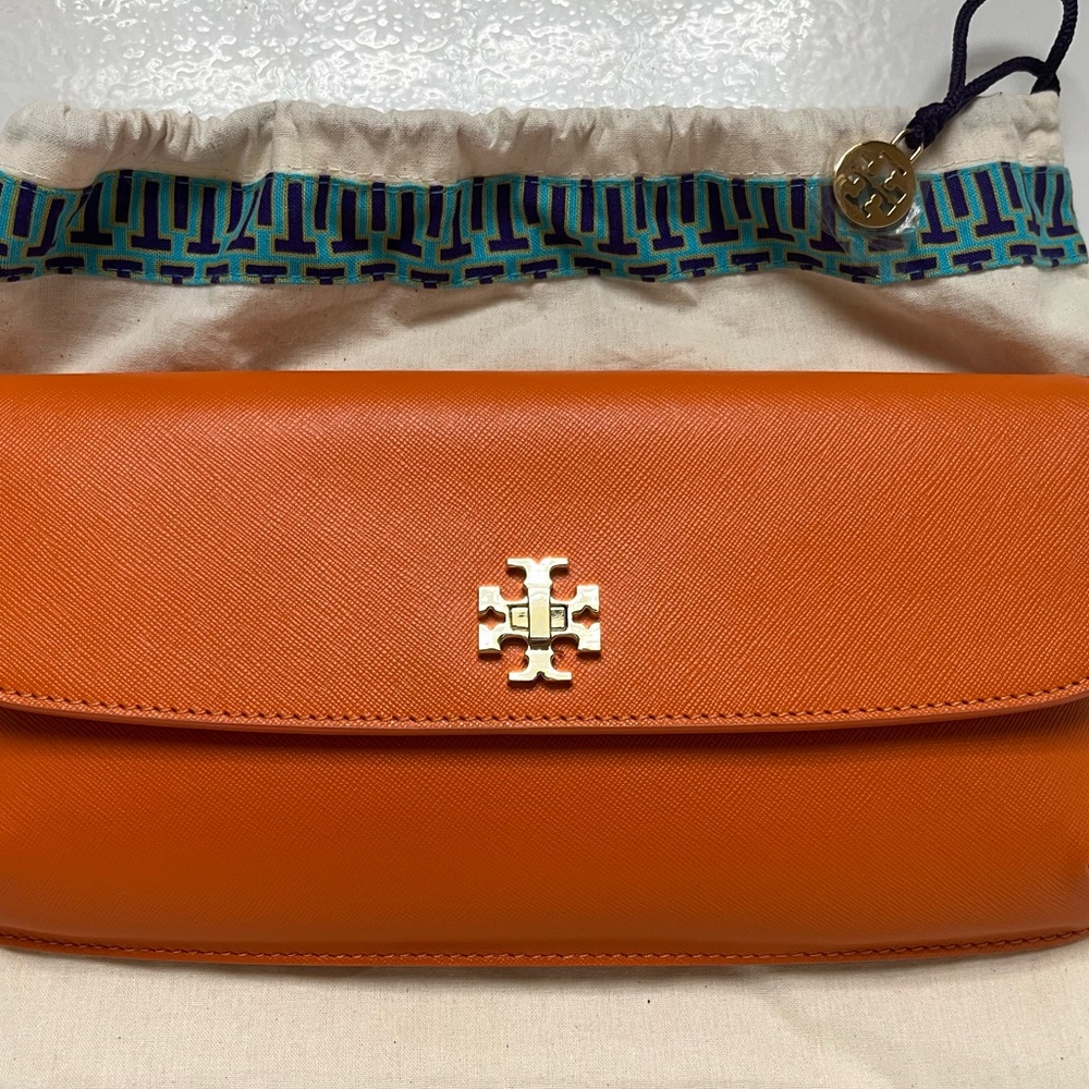 Tory Burch Vibrant Orange Clutch with Gold Emblem